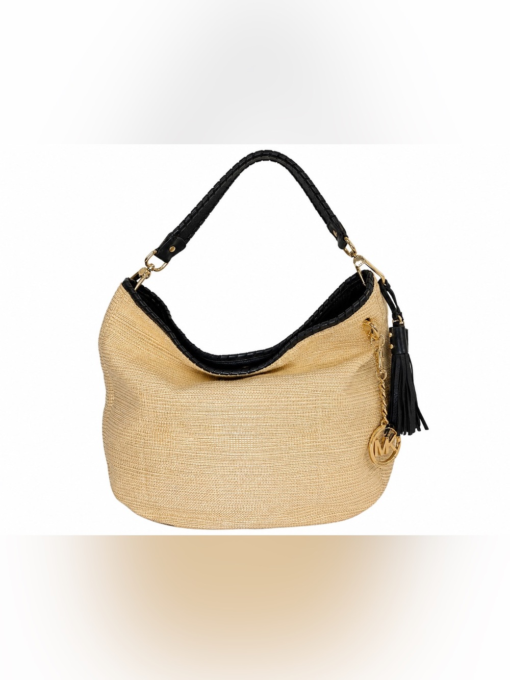 Michael Kors Straw Woven Hobo Shoulder Bag Black Leather Trim Gold MK Gold Charm - Picture 2 of 12